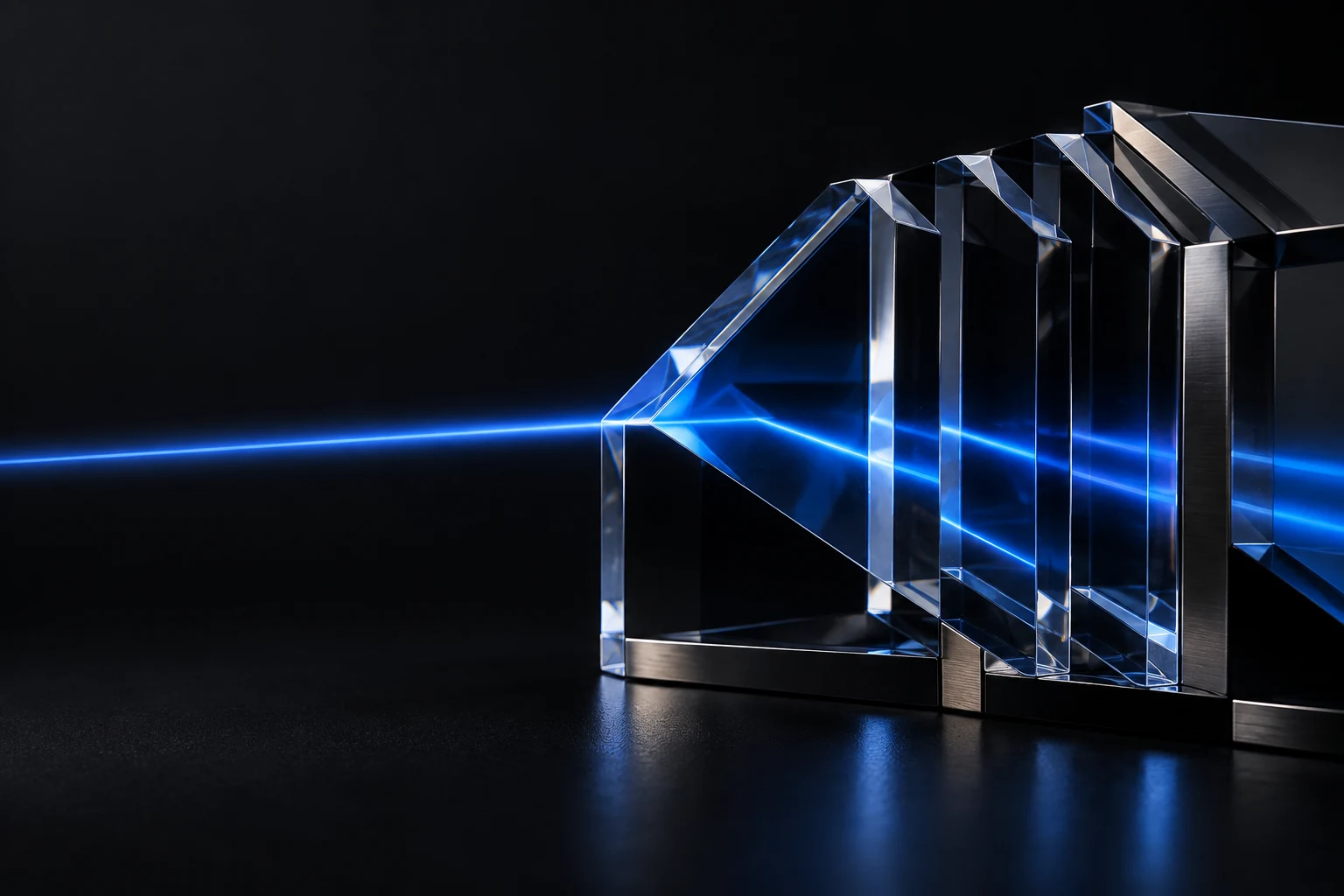 A focused blue beam passing through precision glass layers