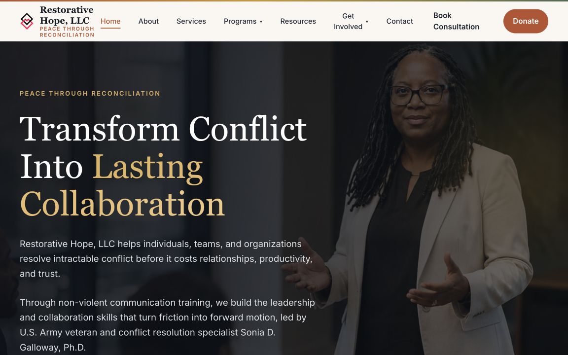 Restorative Hope website design with founder portrait and editorial typography